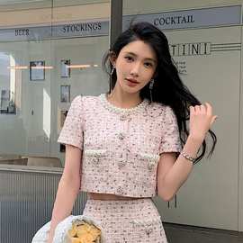 小香风粗花呢短袖上衣半身长裙圆领连衣裙三件套装 这里是上衣