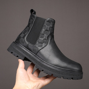 High-top shoes men's slip-on board shoes genuine leather shoes smoke tube boots thick-soled men's casual height increasing Korean Martin boots
