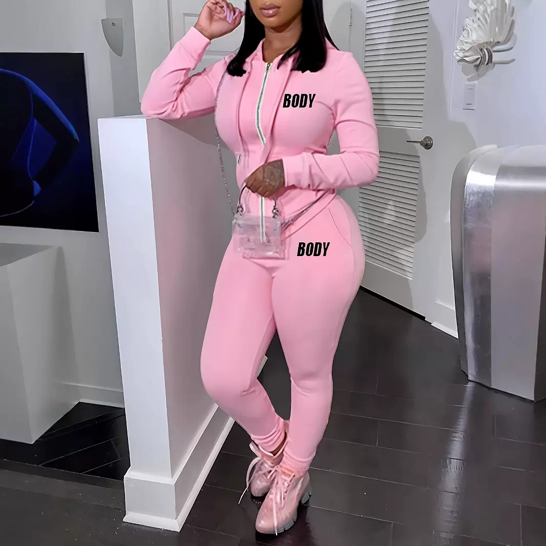 N009-1 跨境专供 欧美时尚 印花纯色修身运动风套装 亚马逊爆款