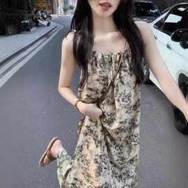 美式2025夏季度假风复古气质水墨画宽松系带连衣裙女装A字裙长裙