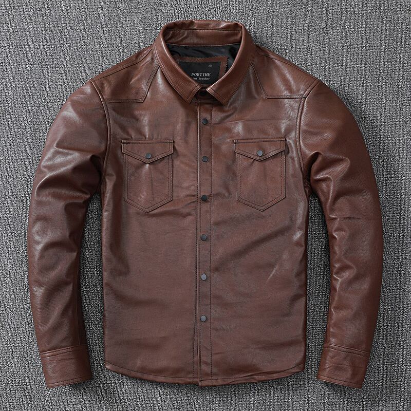 Sheepskin Genuine Leather Jacket for Men, Slim-Fit Short Shirt-Style Leather Jacket