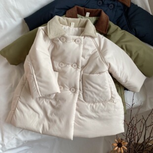 Gl-Kids K-Style of Winter New Kidsren's Lapel Long Cotton Clothes for Boys and Girls Double-Breasted Mid-Length Cotton Clothes