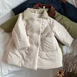 GL-kids韩版冬季新品儿童翻领长款棉服 男女宝宝双排扣中长款棉服