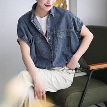 夏季新款 牛仔棉短袖衬衫女翻领休闲百搭宽松显瘦磨白蝙蝠袖7369