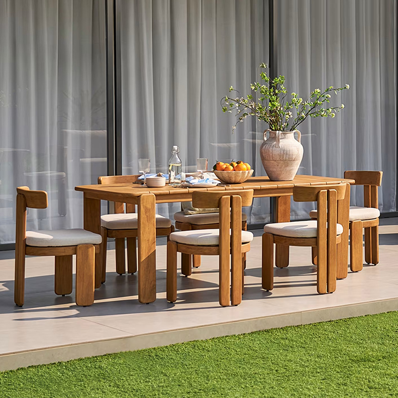 Mesa y silla de madera de ocio al aire libre combinación de patio hotel resort impermeable anticorrosión terraza muebles de mesa larga