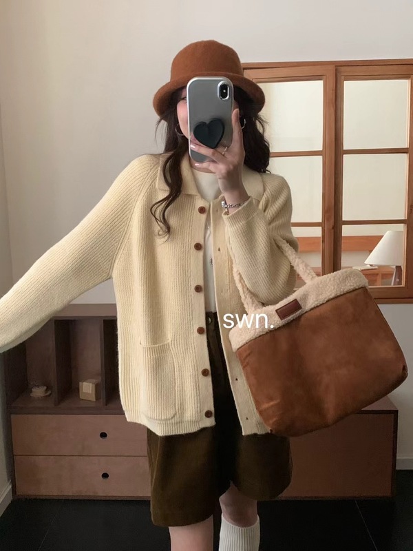 韩系上衣软糯翻领单排扣针织开衫女秋冬新款宽松加厚口袋毛衣外套|undefined