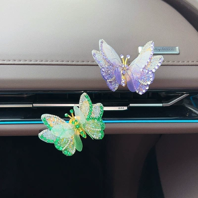 vehicle interior, car dashboard, and | Car ornaments - 2-diamond-encrusted-three-dimensional-butterflies-purple-green-with-adhesive