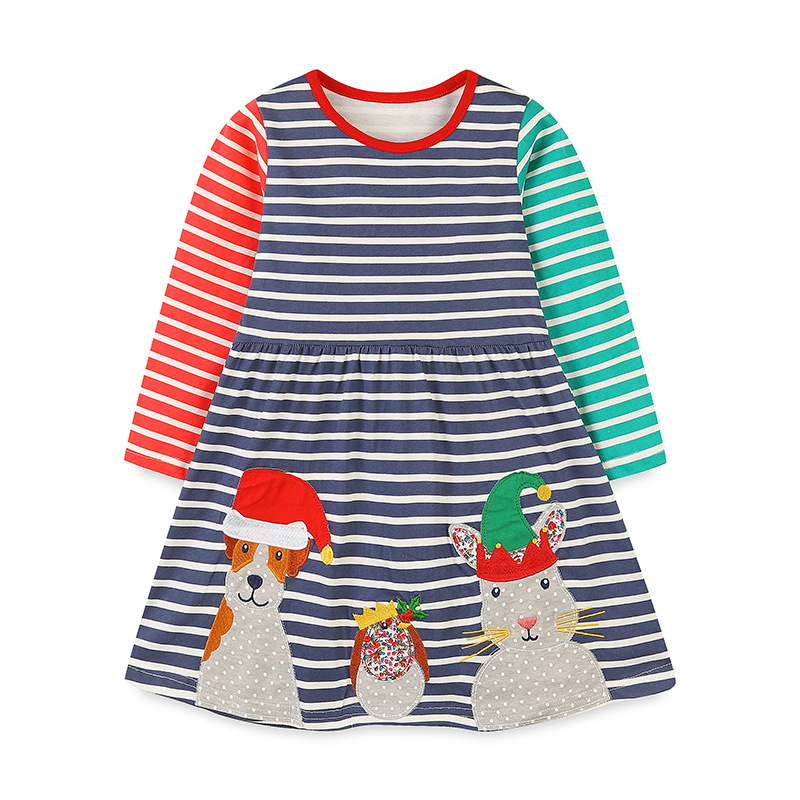 AostaBetty Vestido de otoño para niñas, vestido de retazos de animales de dibujos animados de Navidad para niños pequeños, vestido largo a rayas.