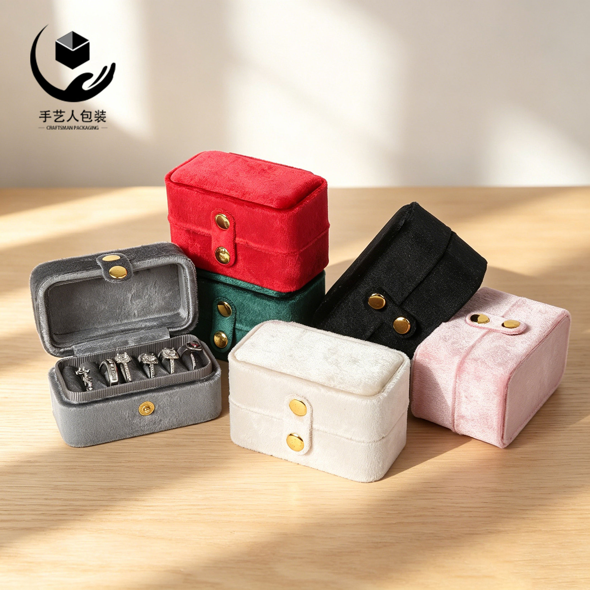 Caja de embalaje de joyería de lana multi-digitación, caja de anillo de joyería portátil, caja de joyería, caja de pendientes de joyería