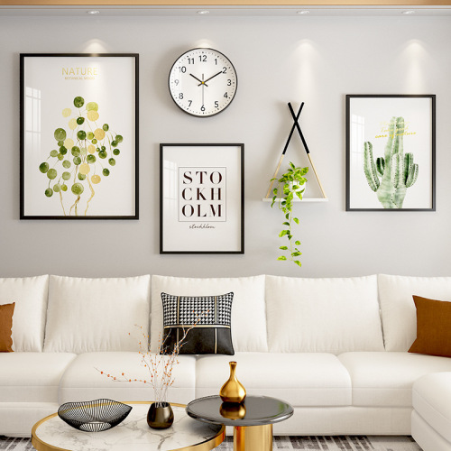 Modern Minimalist Style Green Plant Living Room with Wall Clock Decorative Painting Creative Combination Wall Art Sofa Background Wall Painting