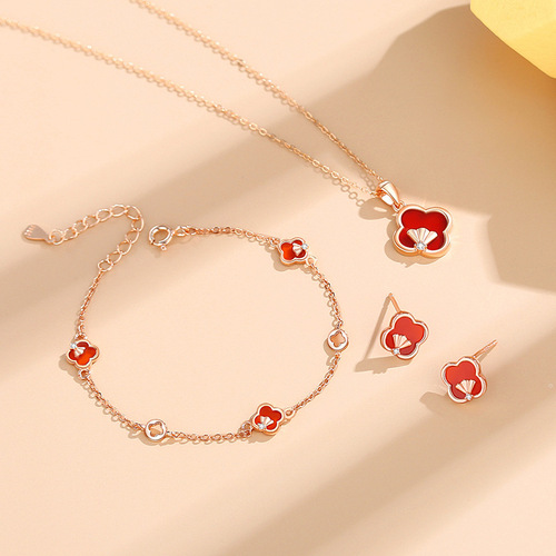 925 sterling silver four-leaf clover bracelet for women, Korean style forest style small lucky ginkgo leaf rose gold red agate ins hand jewelry