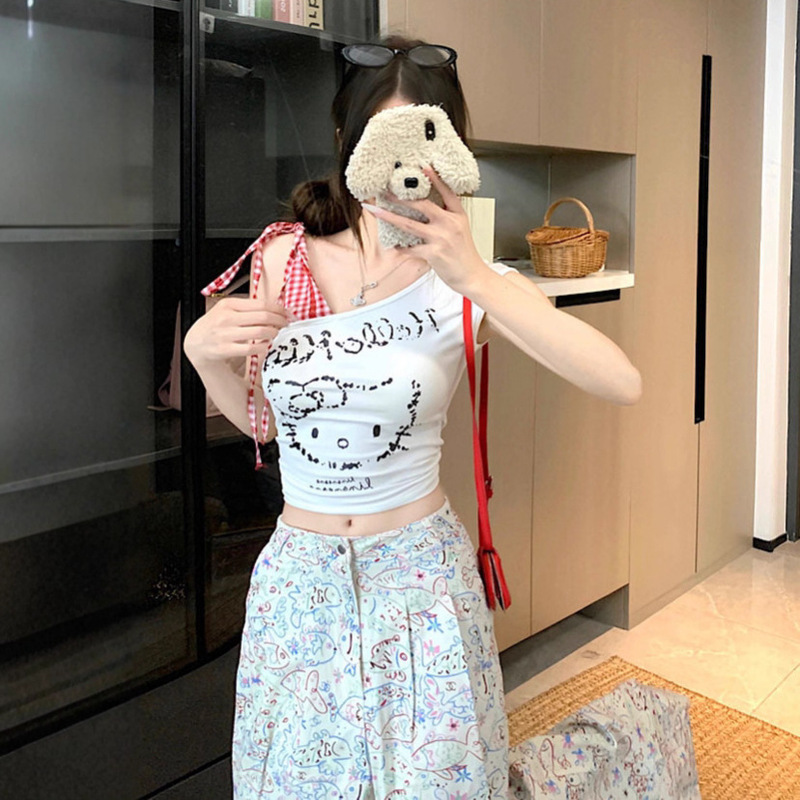 Kitty Cat Plaid Stitching Slanted Shoulder Vest White T-Shirt Women's Summer Off-Shoulder Sweet and Spicy Slim Short Top Trendy