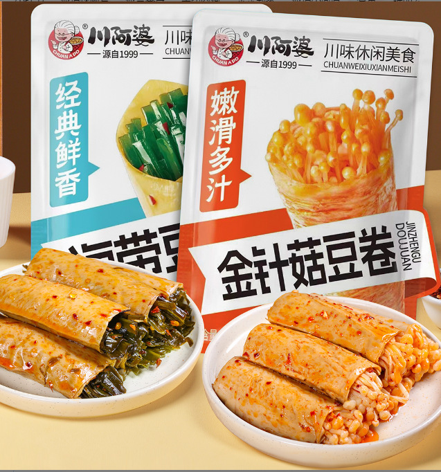 川おばさんのえのき豆巻き、昆布サンド豆皮巻き、スパイシーシリーズ、スナック、干豆腐スナック|undefined
