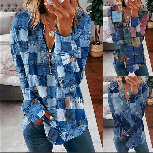2025 European and American Spring and Summer Amazon TEMU New Women's Knitted Fabric Print Zipper Casual T-shirt Short-sleeved Women