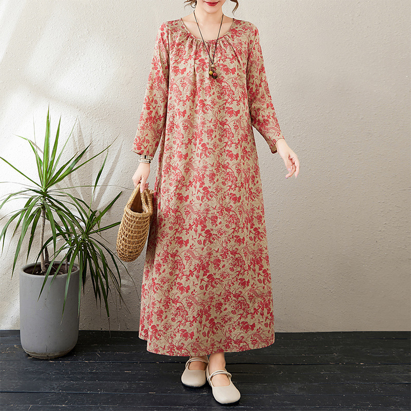 Real Shot of 2025 Early Spring New Style Round Neck Ruched Loose Lazy Dress Minimalist Long-Sleeve Ultra-Long Dress Vacation Style Real Shot of 2025 Early Spring New Style Round Neck Ruched Loose Lazy Dress Minimalist Long-Sleeve Ultra-Long Dress Vacation Style