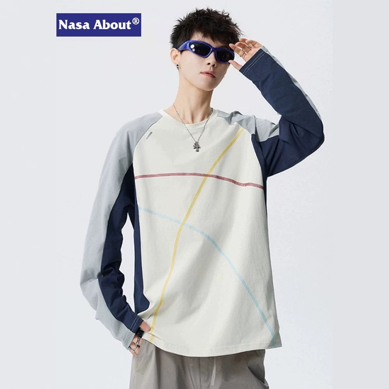 NASA ABOUT Men's Sports Long-Sleeve T-Shirt 2026 Fall Collection Gray-Blue Color Block Outdoor Crew Neck Base Shirt NASA ABOUT Men's Sports Long-Sleeve T-Shirt 2026 Fall Collection Gray-Blue Color Block Outdoor Crew Neck Base Shirt