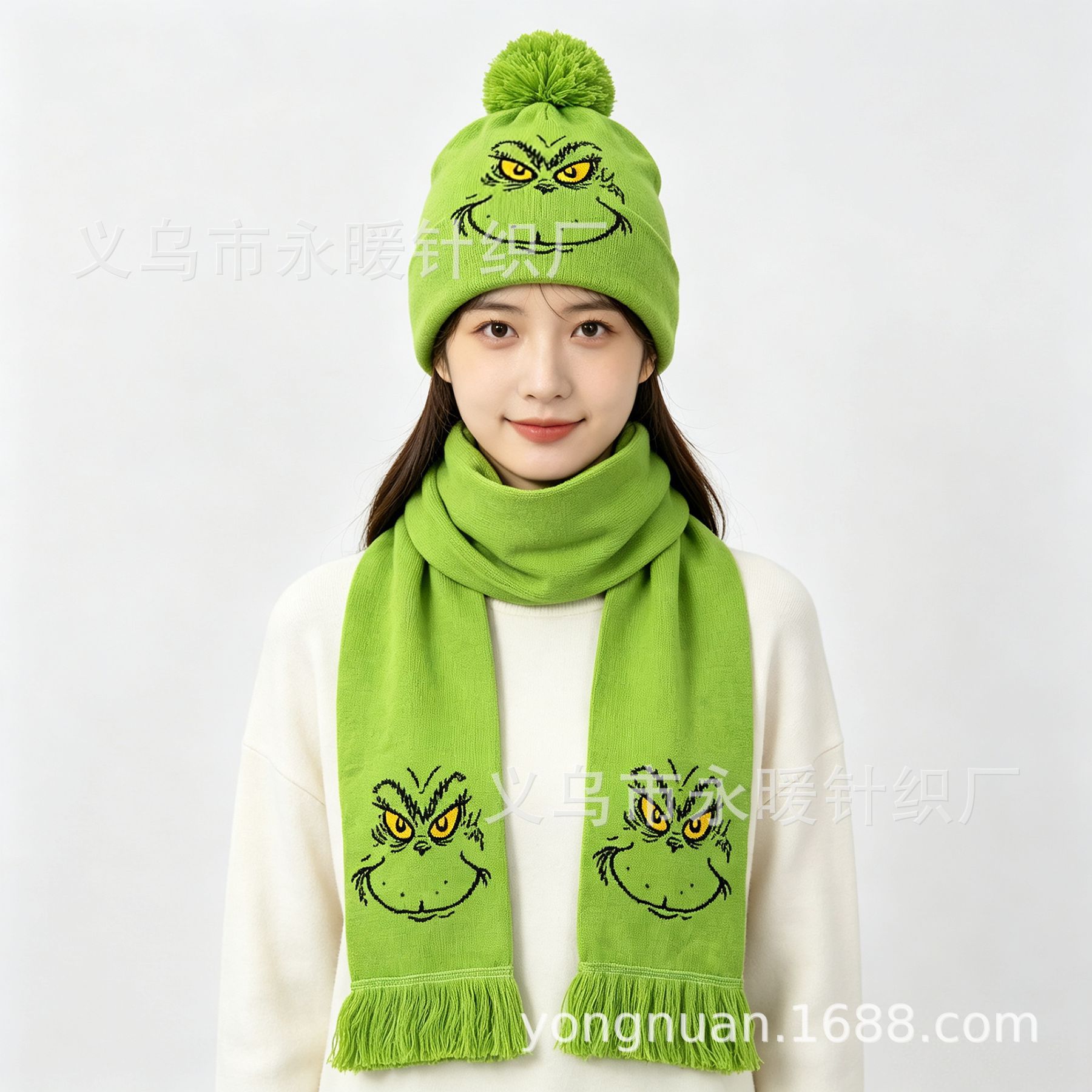 Grinch Christmas Knitted Hat and Scarf Set, Autumn and Winter Warm and Funny Wool Two-Piece Set, Customized by Manufacturer