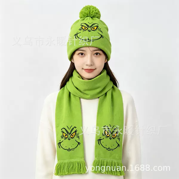 Grinch Christmas Knitted Hat and Scarf Set, Autumn and Winter Warm and Funny Wool Two-Piece Set, Customized by Manufacturer