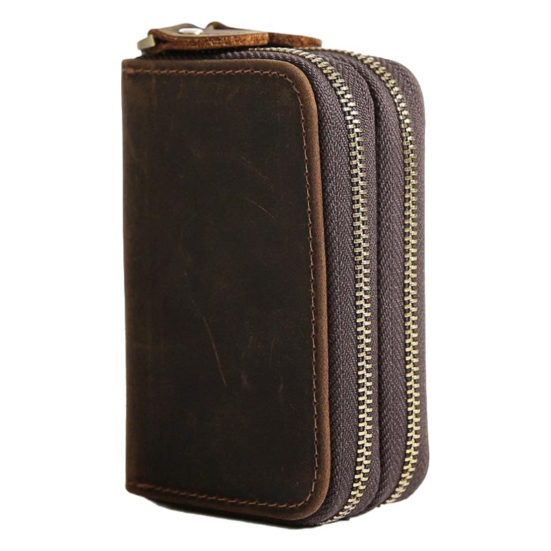 Men's Vintage Crazy Horse Top Layer Cowhide Multifunctional Key Bag Short Key Bag Genuine Leather Zipper Coin Purse Card Bag
