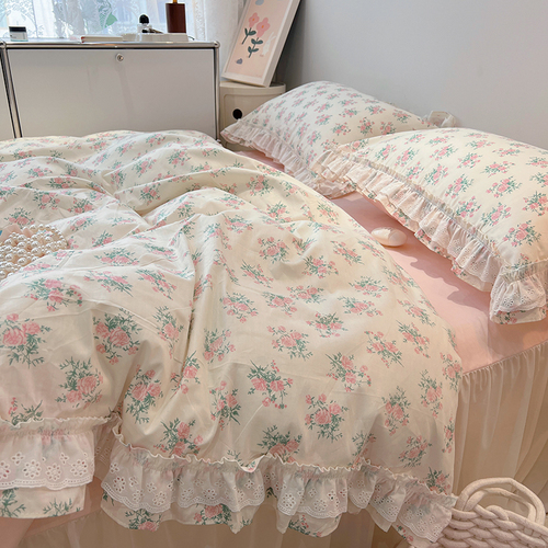 French ins small floral cotton bed four-piece set cotton quilt cover bed sheet bed skirt princess style bed skirt four-piece set