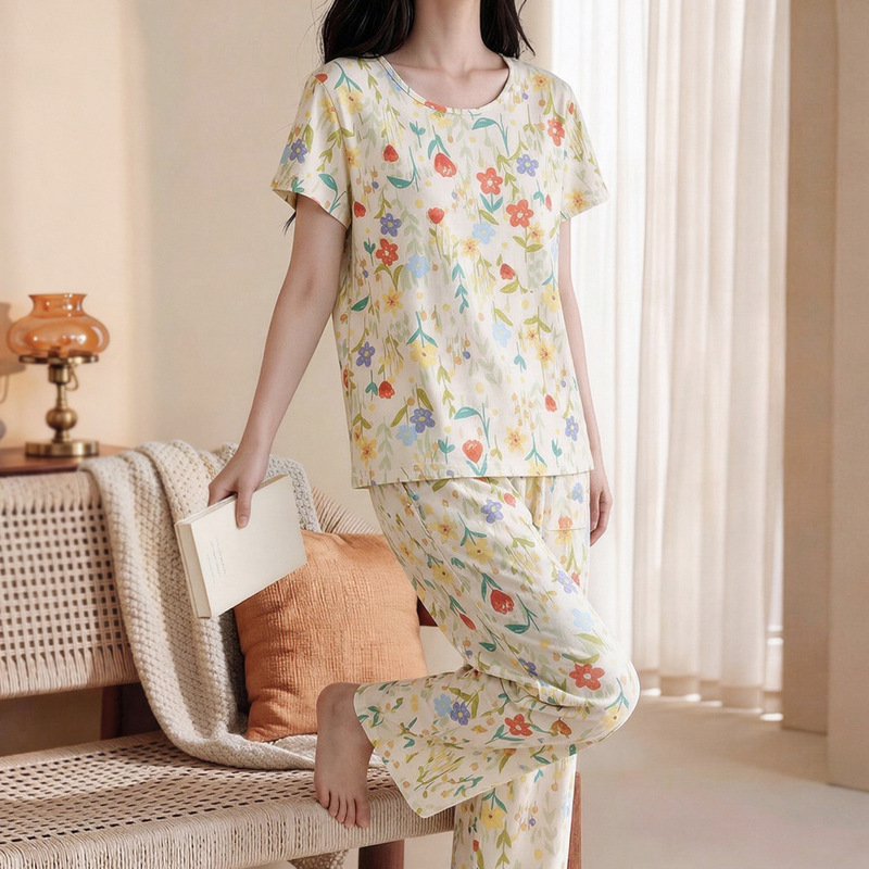 Fashionable Printed Women's Pajama Set, Summer Thin Cotton Silk Sleepwear, Breathable and Comfortable Loungewear Fashionable Printed Women's Pajama Set, Summer Thin Cotton Silk Sleepwear, Breathable and Comfortable Loungewear
