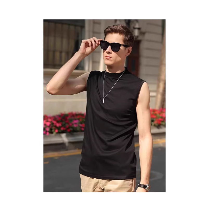 Summer New 2025 Men's Sleeveless Vest T-Shirt, Half-High Collar, Solid Color, Round Neck, Slim Fit, Trendy Men's Vest Summer New 2025 Men's Sleeveless Vest T-Shirt, Half-High Collar, Solid Color, Round Neck, Slim Fit, Trendy Men's Vest