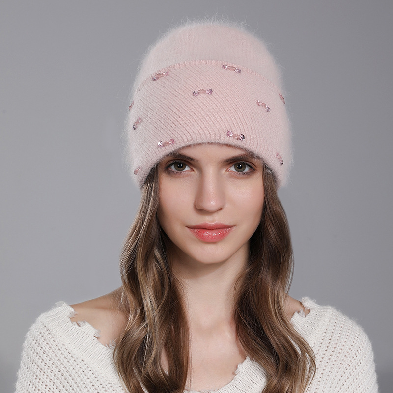 Poils de lapin tricotés pour enfants, mode chaude d'hiver. La laine est polyvalente pour les femmes avec des bords retournés et un double pli_voghion.com