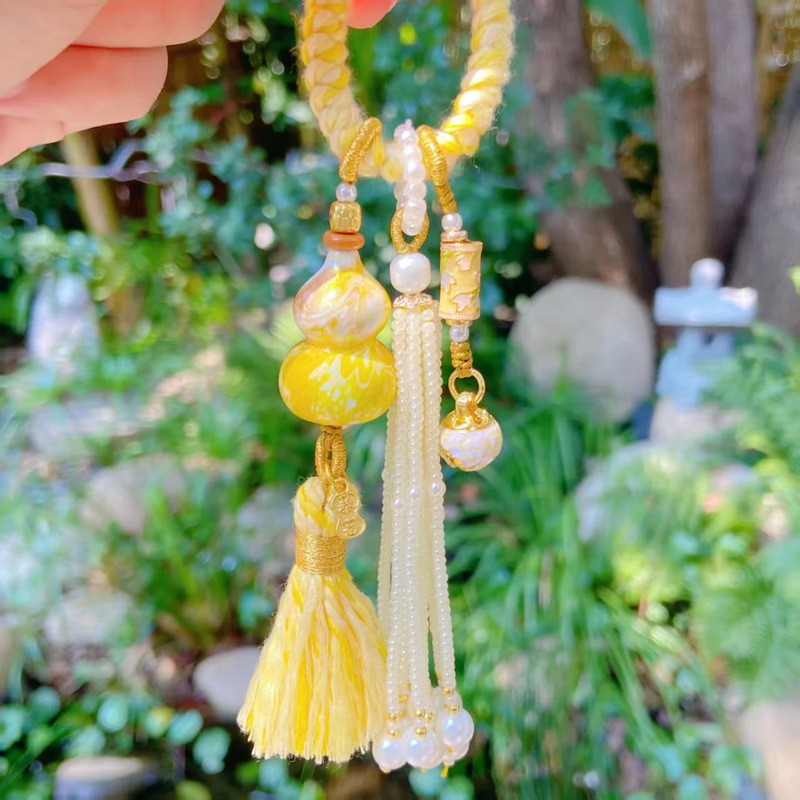 东魅福禄降铃黄色款抱富葫芦非遗大漆葫芦珍珠流苏挂件钥匙扣包挂|undefined