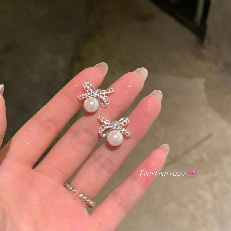 法式千金蕾丝蝴蝶结珍珠耳钉女轻奢高级感气质耳环独特设计耳饰|undefined