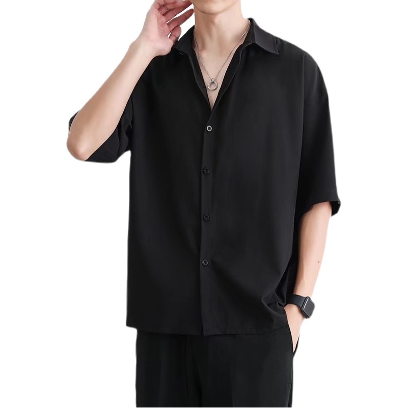 Camisa de manga corta de seda de hielo para hombre de verano delgada marca de moda de alto grado suelta media manga casual Camisa Negra