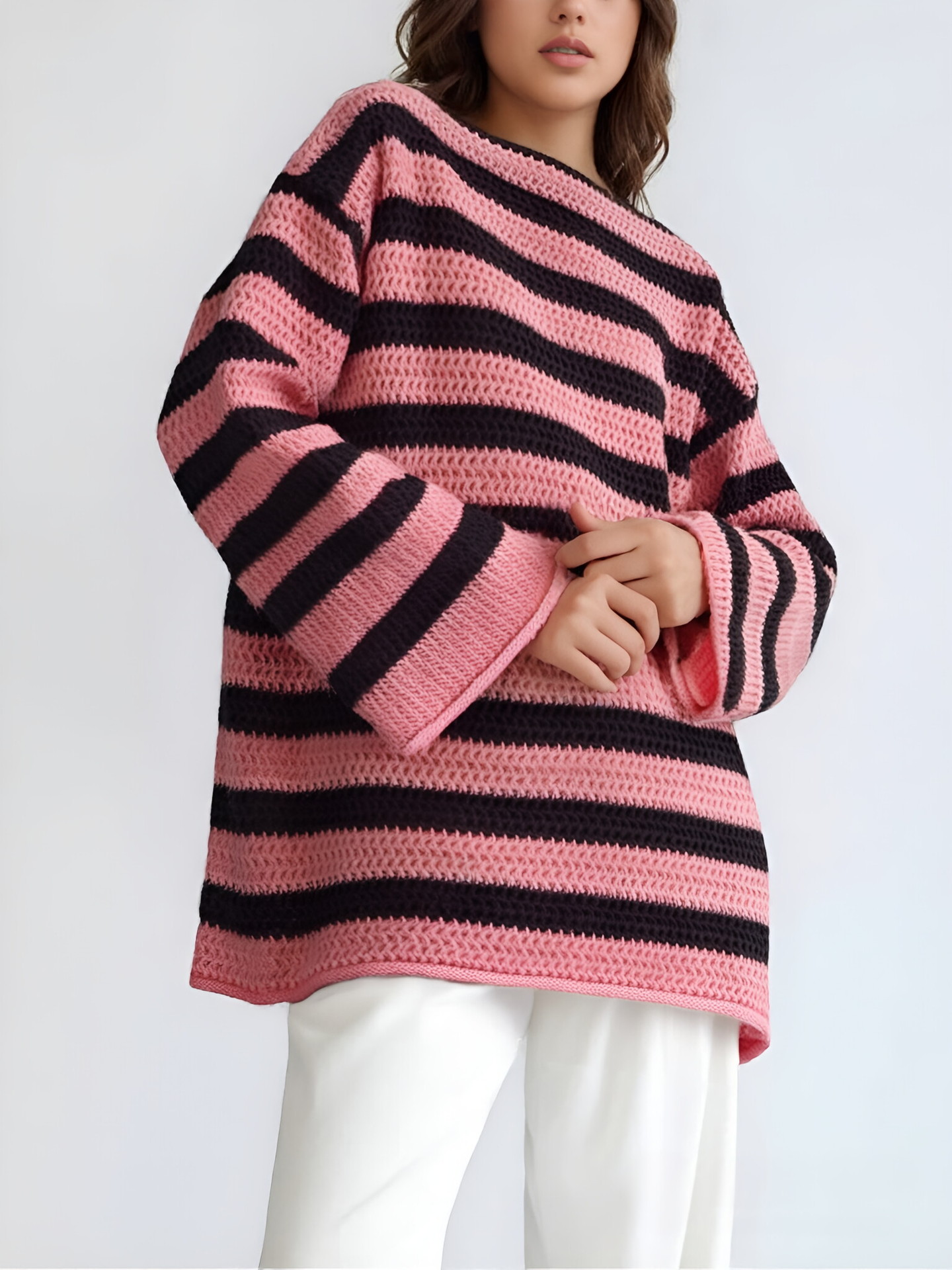 Europa y América transfronteriza Amazon Otoño e Invierno superior suelta fuera del cuello a rayas de manga larga Jersey de punto suéter casual para las mujeres