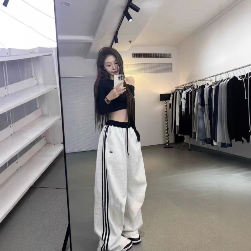 美式复古三条杠运动裤女2025秋冬款高腰抽绳显瘦运动阔腿裤子女|undefined