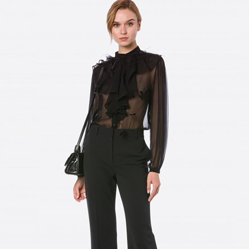 Chic Women's Blouse with European and American Style, Small Stand Collar, Ostrich Feather Ruffle, Puff Long Sleeves, Chiffon Shirt with Three-Dimensional Embellishments Chic Women's Blouse with European and American Style, Small Stand Collar, Ostrich Feather Ruffle, Puff Long Sleeves, Chiffon Shirt with Three-Dimensional Embellishments