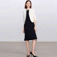 新款时尚白色无领七分袖职业女西装外套无袖黑色简约连衣裙正装OL