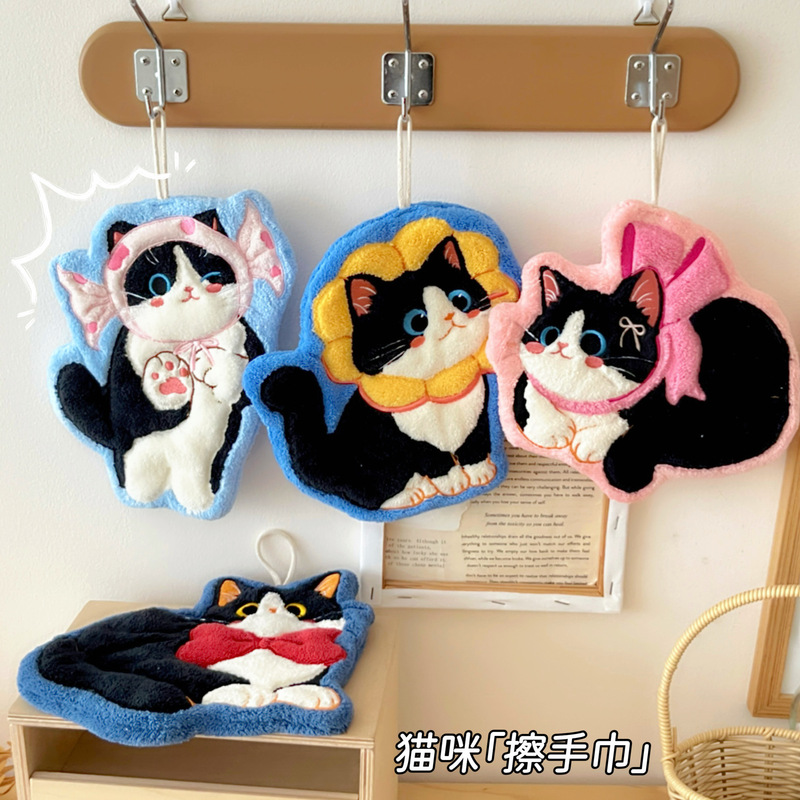 人気の猫ハンドタオルかわいいキッチン漫画ハンドタオルぶら下げコーラルベルベット無臭ハンドタオル卸売|undefined