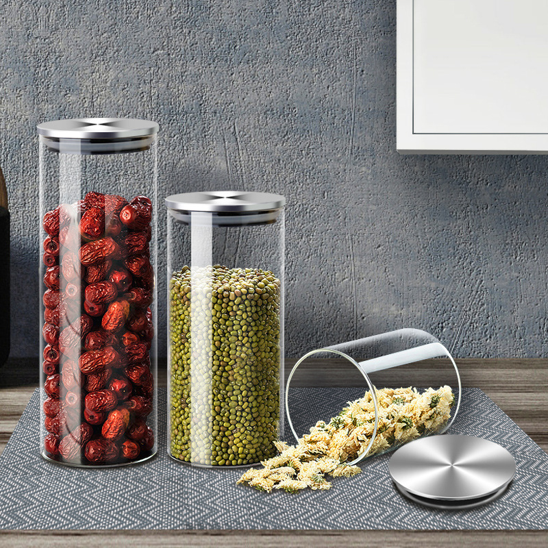 Botella de almacenamiento de tarro sellado de vidrio cubierta de acero inoxidable tarro de sal snack granos Té Miel condimento botella de condimento