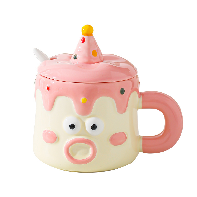 Tazas de dibujos animados pintadas a mano con cubierta de cuchara pareja taza de agua extraña taza de regalo de emoticon casera taza de desayuno de leche