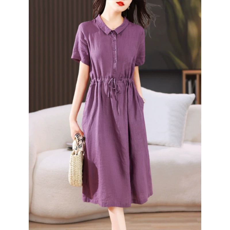 Льняное платье женское летнее больших размеров, стиль для полных мам, повседневное, элегантное, новинка 2025 года, льняная рубашка-юбка