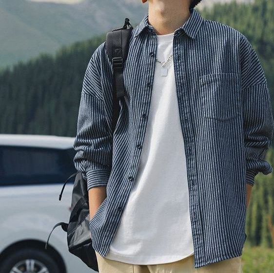 Lu Xiaohu Trendy Brand Washed Stripesd Denim Long-Sleeved Shirt Men's Japanese Style Casual Cityboy Blue Shirt Jacket