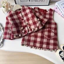 女童森系套装冬季新款小女孩格子毛呢外套背心裙两件套AWA801