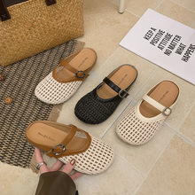 软皮包头半拖鞋女夏外穿2026新款玛丽珍镂空罗马渔网鞋洞洞包头拖