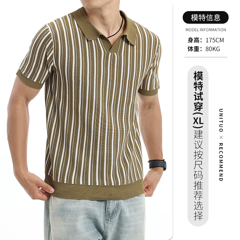 Vintage americano de punto hombre camisa de polo de hielo de manga corta con texturas verticales blindaje de cuello de verano casual hombre