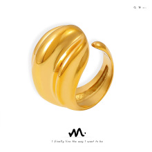 法式新款多层次条纹水滴开口戒指复古个性设计钛钢镀18K金首饰品