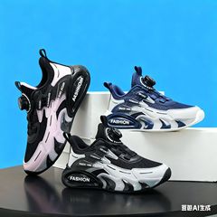 儿童旋转扣童鞋春秋款透气网面运动鞋男童皮面防水百搭时尚跑步鞋