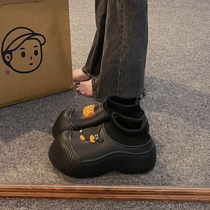 Thick-Soled Snow Boots for Women, Fleece-Lined and Thickeneded, Cute Cartoon Bag-Heeled Cotton Slippers for Women, Winter Outer Wear, Warm and Waterproof Cotton Boots