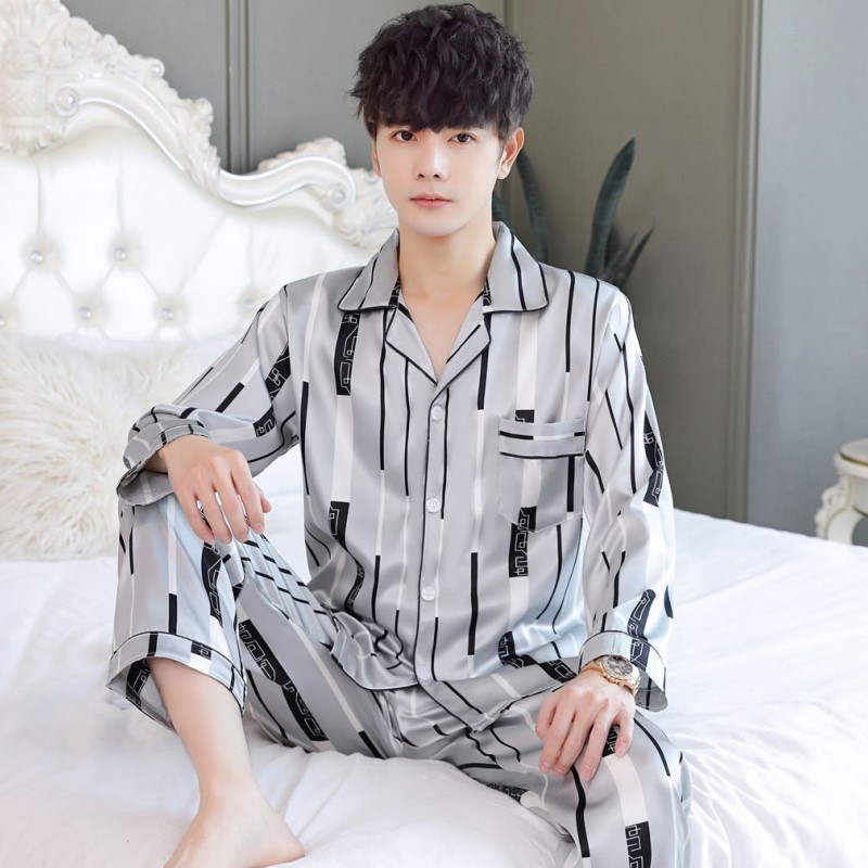 Primavera y otoño manga larga universal solapa delgada casual de los hombres rayas seda artificial inicio cardigan pijamas traje