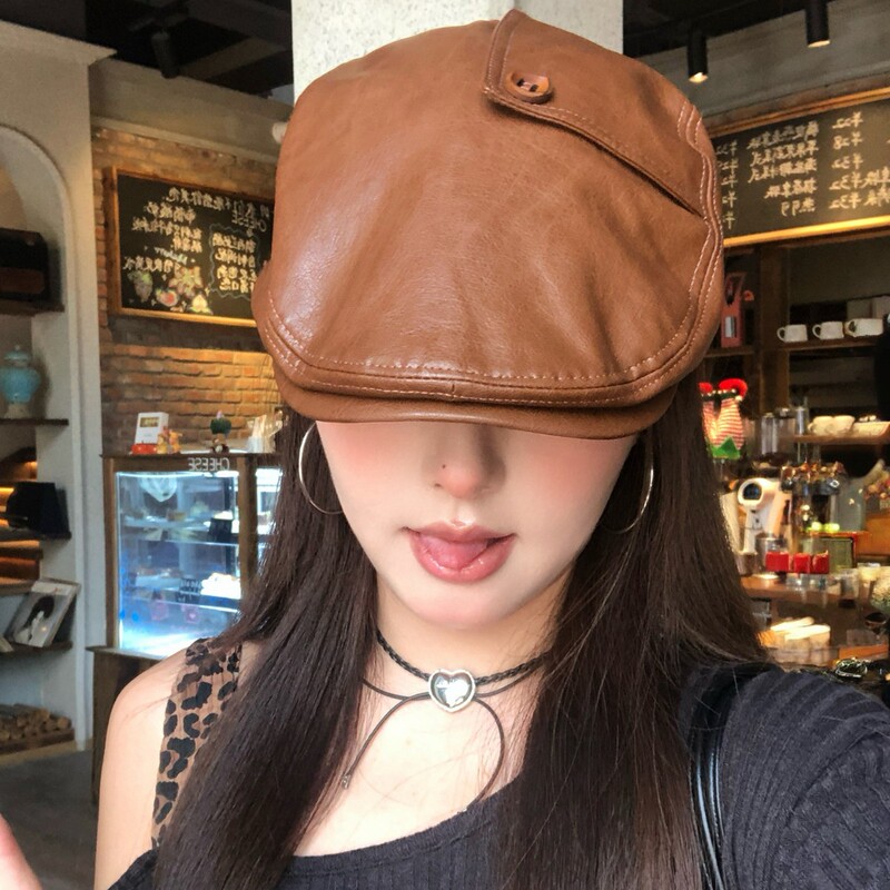 日系纽扣pu皮质前进帽女小众设计大头围显脸小气质反戴贝雷帽子潮|undefined