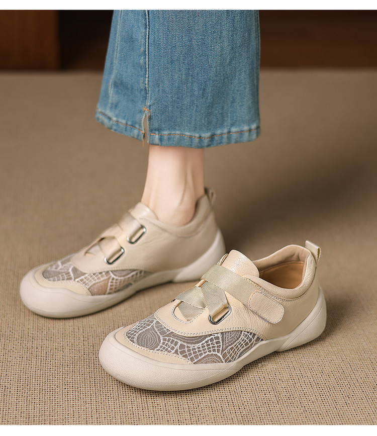 Giày sneaker nữ phối màu da thật lỗ thoáng khí đế bệt buộc dây kết hợp miếng dán — màu trắng ngà chi tiết 15