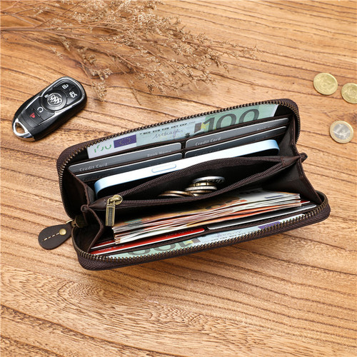 Retro Crazy Horse Leather Men's Wallet First Layer Cowhide Large Capacity Handbag Genuine Leather Long Wallet Zipper Handmade Wallet