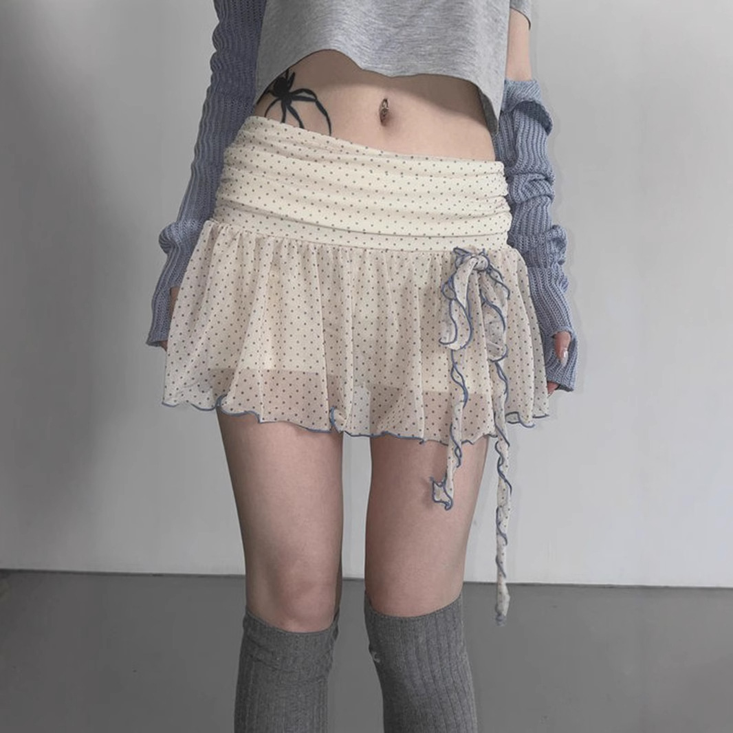 纯欲辣妹褶皱翻腰波点网纱半身裙女个性飘带设计密边百搭透视短裙